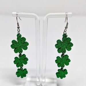 4 leaf clover green glitter acrylic drop earrings